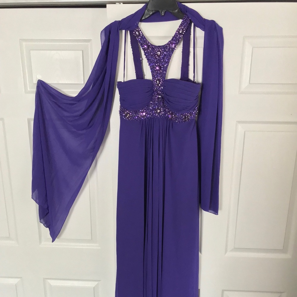 LM Collections Plum Purple Halter Neck Prom Dress